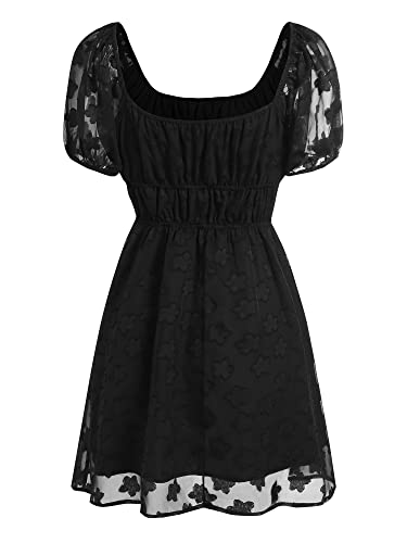 Zaful Women 2023 Summer Square Neck Short Puff Sleeve Mini Dress Aline Dress With Elastic Waist Black #TOP5