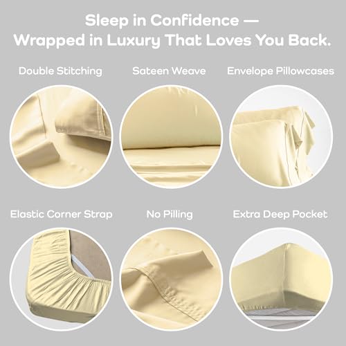 Image of Olive + Crate Tencel Lyocell Eucalyptus Sheets King Size - Cooling Tencel Sheets for Hot Sleepers with 18 Inch Deep Pocket Fit - Butter Cream 4-Piece Set