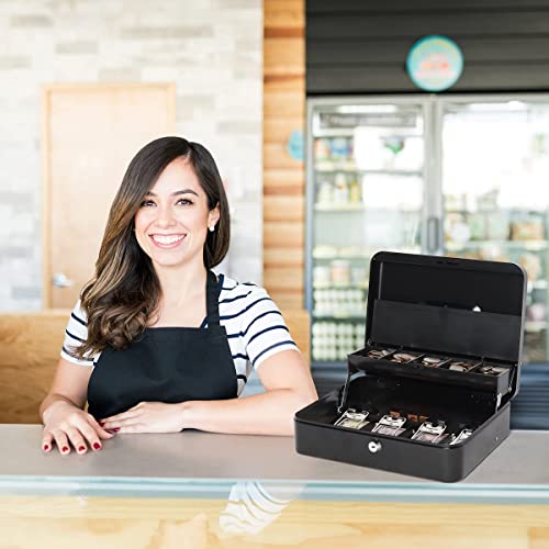 Kasten Cash Box With Money Tray And Key Lock, Metal Money Storage Box, 11.8"X 9.5"X 3.5", Large Black #TOP6