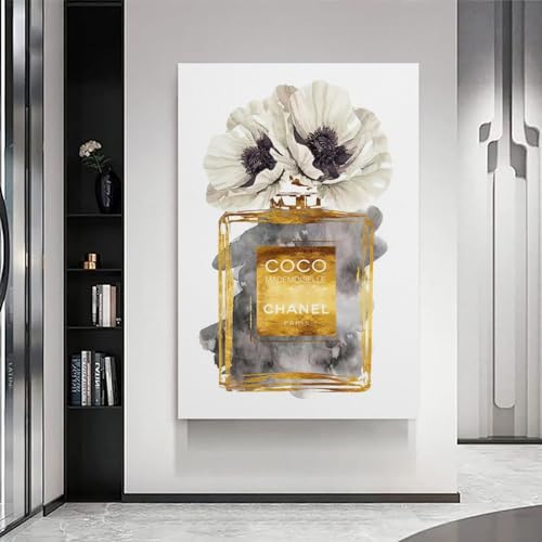 Image of BanLaArt Fashion Perfume Bottle Dark Gold With Dark Grey & White Poppy Canvas Print Poster Decorative Painting Canvas Wall Art Picture Print Modern Family Bedroom Decor 08x12inch(20x30cm), style-4