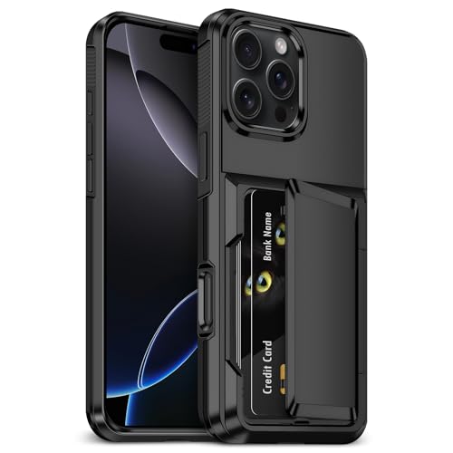 Aolcev for iPhone 16 Pro Case with Card Holder [Max 4 Cards] Heavy Duty Protective Shockproof Dual Layer Hard PC Soft TPU Bumper Hidden Card Slot Wallet Case Cover for iPhone 16 Pro Phone Case-Black