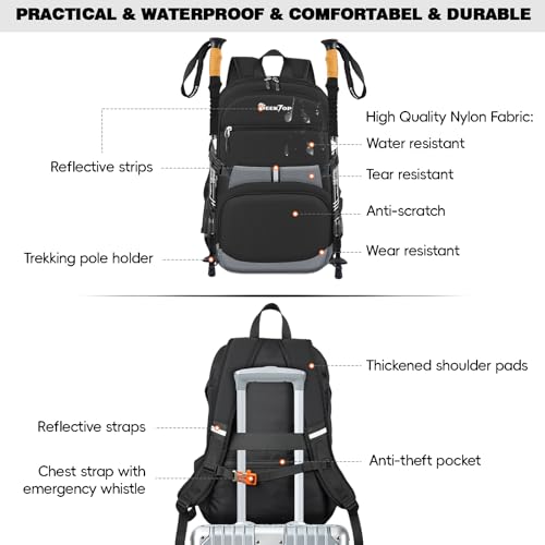 Seektop 40L Hiking Backpack Foldable Daypack for Women Men, Lightweight Travel Backpack Carry on Flight Approved Work Business Leisure Bag (Black)