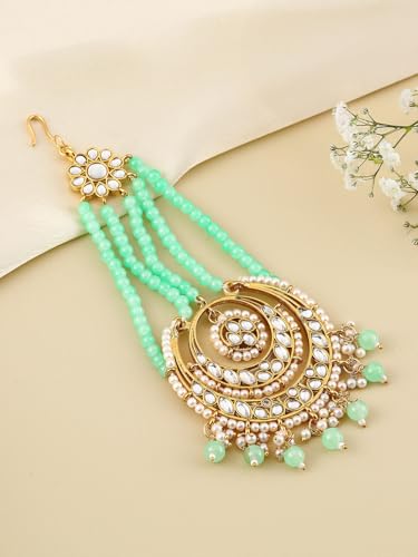 Image of Peora Gold-Plated Kundan Pearl Studded & Beaded Passa /Matha Patti Jewellery for Women & Girls