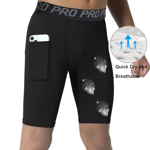 Pacote com 3 shorts de compressão para meninos com bolsos, shorts esportivos esportivos de futebol e