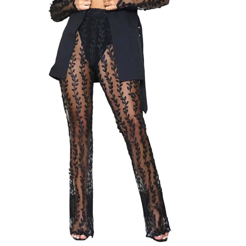 Women's Sexy See Through Sheer Mesh Pants Skinny Lace Transparent Straight Pants Jacquard Long Trousers Cover Up