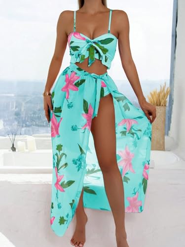 LUMINA THREADS Women's 2 Piece Swimsuit Cover Up Bikini Floral Boho Ruffle with Maxi Mesh Sheer Skirt Bathing Suit3