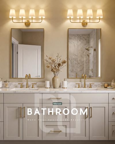 Image of 4-Light Brushed Gold Bathroom Vanity Light with Linen Fabric Shade | 28 Inch gold bathroom light fixture over mirror, UL listed, E26 bulbs, hardwired, upward only, VL837-BG-A-4