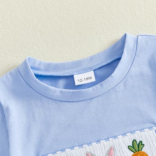 Image of Toddler Baby Boy Easter Rabbit Outfit Short Sleeve Bunny Carrot Smocked T-shirt Elastic Waist Shorts Summer Clothes