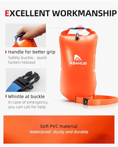 Abahub Schwimmboje mit Trockensack Aufblasbar Wasserdicht Dry Bag Schwimmhilfe Boje mit Alarmpfeife für Schwimmer Pull Buoy Erwachsene in Freiwasser Open Water Pool 15L Orange