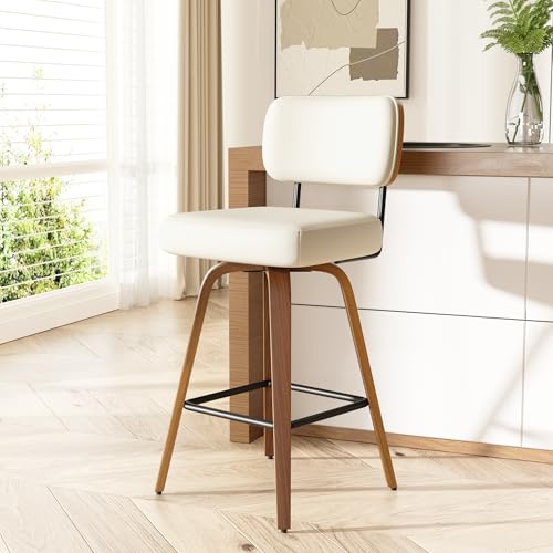 Image of Swivel Bar Stools Set of 1, 26 inch Upholstered Faux Leather Counter Height Barstools with Walnut Back & Bentwood Legs, Mid Century Modern Bar Chairs Island Stools for Kitchen Counter, Cream White