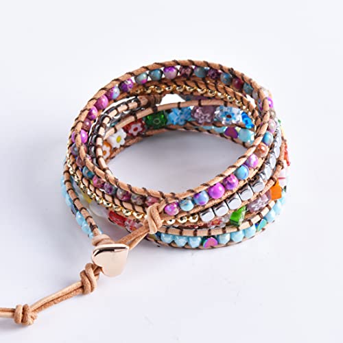 Image of YGLINE Boho Handmade Wrap Leather Tube Crystal Stone Bracelet for Women