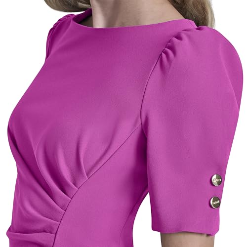 Image of DKNY Women's Short Sleeve Ruched Knee Length Sheath Dress with Button Detail
