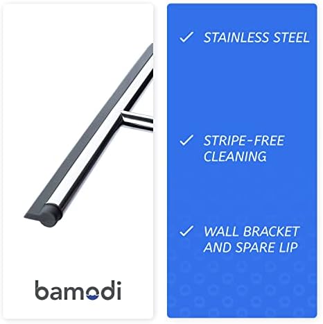 Bamodi Shower Squeegee Stainless Steel, Window Squeegee Including Wall Hanger No Drilling and Replacement Lip, Shower Wiper for Bathroom, Kitchen, Window, Car and Glass Cleaning (Gray)