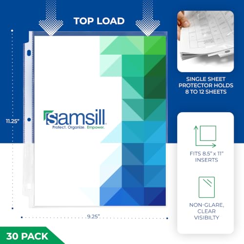 Image of Samsill 30 Pack Heavy Duty Sheet Protectors, Non-Glare, 8.5x11 Inch Page Protectors for 3 Ring Binder, Letter Size Protectors, Reinforced Holes, Non-Glare Document Sleeve, Top Loading, Acid Free