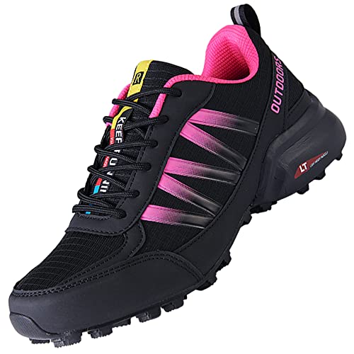 Rokiemen Chaussures de Trail Running Homme Femme Chaussures de Randonnée Imperméables Baskets Outdoor Trekking Tennis de Sport Fitness Course Marche Sneakers Noir/Rose 40 EU