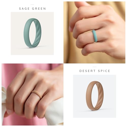 ThunderFit Silicone Ring Wedding Bands for Women, Elegant Wavy Grooves, 4mm Wide, 1.6mm Thick, Breathable, Women's Rubber Engagement Rings, 8-Pack (Pack A, B, C)4