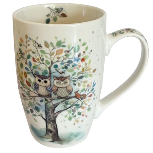 KIUB Taza de porcelana redonda muy grande, diseño de pareja de búhos en un árbol grande, altura 13 cm, capacidad 445 ml, caja a juego