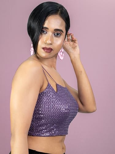 Image of FIGURE'S DESIGNER Women's Spagehtti Neck Strap Sequin Embroidered Sleeveless Readymade Saree Blouse E22