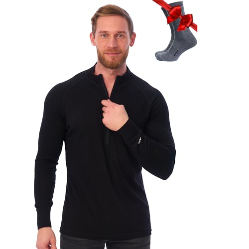 Merino Wool Base Layer Mens - Wool Half Zip Sweater Men - Merino Quarter Zip Sweater Lite, Midweight, Heavyweight and Socks (X-Large, 165 Black)