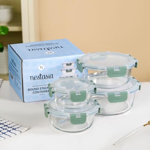 Image of Nestasia Nestro Airtight Glass Containers with Lid Set of 4 (215ml, 400ml, 600ml, 950ml) | Spill Proof Round Glass Containers with Break Free Lock - Microwave, Dishwasher & Freezer Safe (Green)