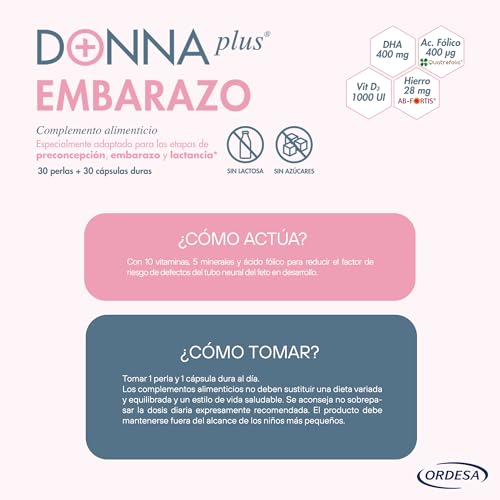 DONNAplus Embarazo | 30 Perlas y 30 Cápsulas Duras | Complemento Alimenticio para el Embarazo con DHA, Ácido fólico, Yodo, Vitaminas y Minerales - imagen 4