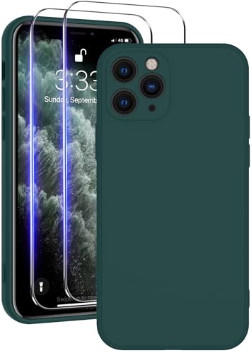 Qasyfanc Soft Silicone Case for iPhone 11 Pro with 2 Packs Tempered Glass Screen Protector Dust-proof Full Camera Protection iPhone 11 Pro Cover with Anti-Scratch Microfiber Lining Darkgreen