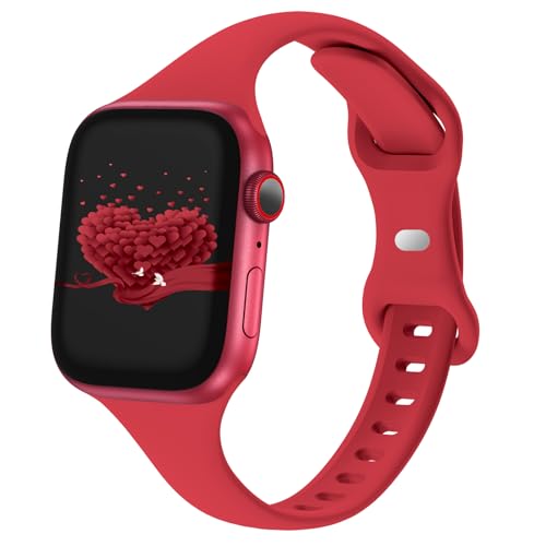 Slim Thin Band Compatible with Apple Watch 38mm 40mm 41mm 42mm 44mm 45mm 46mm 49mm, Replacement Silicone Sport Strap Wristbands for iWatch Series 11/10/9/8/7/6/5/4/3/2/1 Ultra SE Women Men, Red by Drimobiuty - Used condition - US$8.09
