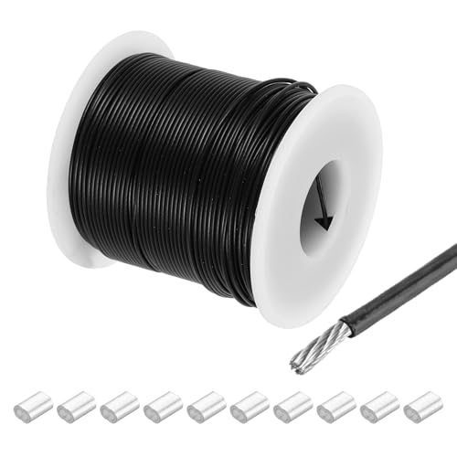 QUARKZMAN Cable De Acero Inoxidable 304 Recubierto De Vinilo De 197 Pies (60 M) 1/24' (1 Mm) Con 10pcs De Fundas De Aluminio Para Colgar, Tendederos, Elevación Negro
