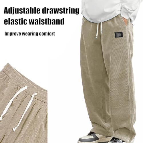 Mokaloha Mens Corduroy Pants, Men's Pit Strip Corduroy Fabric Embroidery Logo Tether Loose Elastic Waist Pocket Pants3