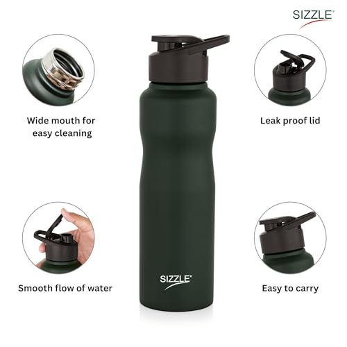 Image of Sizzle Orbit 750 ml Stainless Steel Water Bottle - Leakproof & Lightweight Fridge Bottle - for Gym, Office, School & Home - BPA Free, Easy to Clean (Dark Green)