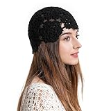 ZLYC Women Cotton Crochet Skull Cap Handmade Knit Cutout Floral Beanie Hat(Black),One Size