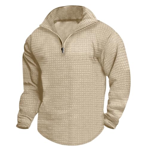 Sudaderas para hombre, a la moda, otoño e invierno, casual, manga larga, a cuadros, sin capucha, media cremallera, sudadera de manga larga para hombre, ropa vintage con bolsillos, caqui, S