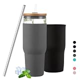 veegoal 32oz Glass Tumbler with Straw and Lid, Smoothie Cup To Go for Iced Coffee with Silicone and Neoprene Sleeve - BPA Free, Spill Proof, Reusable Glass Water Bottle with Straw, Smoothie Tumbler