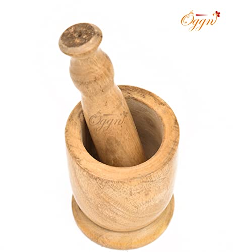 Image of Mango Wood Mortar Pestle Set, Imam Dasta, Natural Wooden Okhli, Spice Mixer Kharal, Kitchen Khalbatta Masher, Ginger Garlic Crusher, Masala Kutni for Cooking