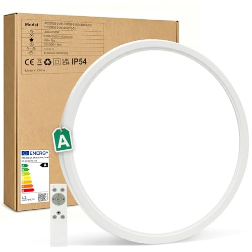 Bowfar Lámpara de Techo LED, Clase de Eficiencia Energética A, 12W 2600LM Lámpara con Mando a Distancia, Regulable de 3000K-6500K, IP54 Ultrafina para Baño Salón Cocina Dormitorio Pasillo Ø30x2,5CM
