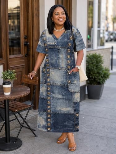 Image of SUZONANA Plus Size Denim Print Maxi Dresses for Women Casual V Neck Short Sleeve with Pockets Soft Jean Look Dress XL-6XL