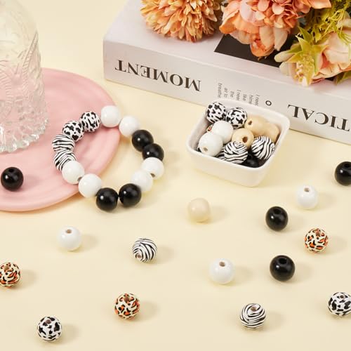 SOFPLATE 240pcs 16mm Black and White Wood Beads Cow Beads Wooden Zebra Leopard Print Round Natural Wooden Spacer Loose Bead for jewellery Making Assorted Farmhouse Home Decoration DIY Crafts Supplies - Image 4
