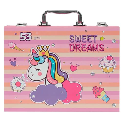 Image of Sweet Dreams Art Set, 53 Pieces, Unicorn Theme, Includes Palette, Powder, Brush, Watercolor Paint, Oil Painting Stick, Eraser, Pencil Sharpener, Color Lead, Pink Carry Case