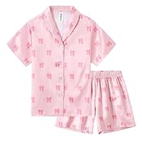Ewbob Schlafanzug Mädchen Kurz Bequem,Sommer Kinder Pyjama,Teenager Satin Schlafanzug,Weiche Pyjama Kurzarm und Shorts Set-C9-001-Pink Bow-11-12Jahre