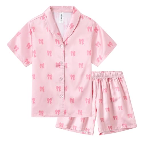 Ewbob Schlafanzug Mädchen Kurz Bequem Sommer Kinder Pyjama Teenager Satin Schlafanzug Weiche Pyjama Kurzarm und Shorts Set-C9-001-Pink Bow-9-10Jahre