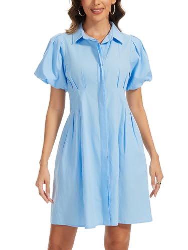 Image of D-Sun Women's Short Puff Sleeve Shirt Dress Button Down Pleated Mini Dress Casual Short Dresses