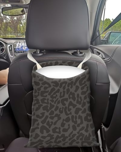 Image of Cute Canvas Car Garbage Bag, Black Leopard Print, Car Trash Bin, Seat Back Hanging, 5L