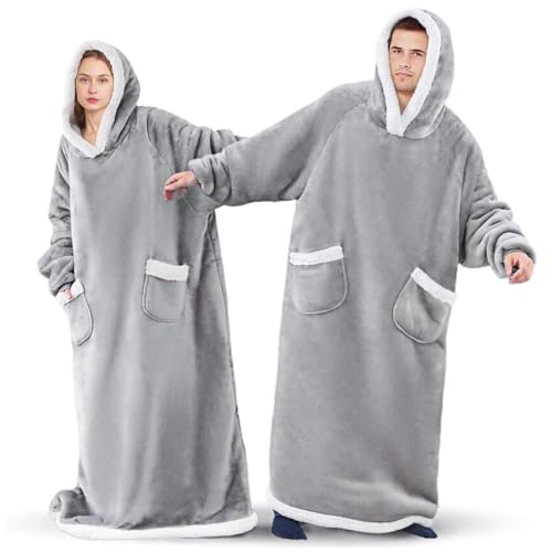 Extra Long Oversized Sherpa Fleece Hoodie, Super Warm Soft Comfy Wearable Snuggle Blanket Sweatshirt with Giant Pockets, One Size fits all Men Women Teenagers