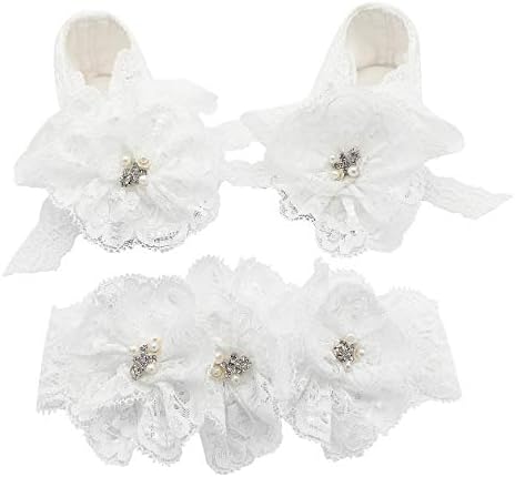 Glamulice White Baby Girl Christening Baptism Flower Lace Shoes Rhinestone Infant First Birthday Holiday Shoes Handmade Dance Ballerina Headband Set Toddler Wedding Princess Party Pageant Shoes 15-18