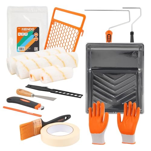 KENDO Malerset 19-teilig - Alles in einem Set - Farbroller Wandfarbe klein & groß mit Farbwanne & 3 Inlays zum Wechseln, Kreppband, Handschuhe, Pinsel und vieles mehr. Das kompletteste Streichset