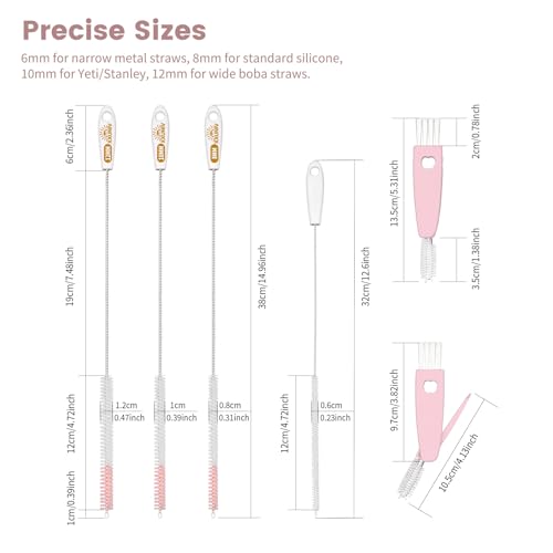 Image of 15 Inch Extra Long Straw Cleaner Brush Set, 5PCS for Stanley 40 oz Tumblers | 4 Straw Brushes in 6 /8 /10 /12mm plus a 3-in-1 Cup Lid Brush, Reusable Cleaning Kit for Owala, Yeti and 20-40 oz Tumblers, Pink