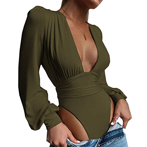 Weigou Women Jumpsuits Long Sleeve V Neck Pleated Loose Bodysuits Tops for Women Leotard Shirts (Arm Green(1), S)