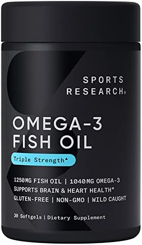 Sports Research Triple Strength Omega 3 Fish Oil - Burpless Fish Oil Supplement w/EPA & DHA Fatty Acids from Wild Alaskan Pollock - Heart, Brain & Immune Support for Men & Women - 1250 mg, 30 ct