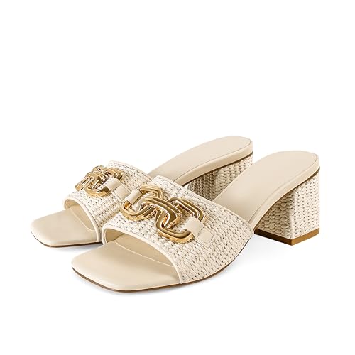 Image of SOVANYOU Women's Raffia Sandals Square Toe Slip on Mules Comfortable Dressy Sandals Chunky Block Heels for Beach Party Vacation Shoes