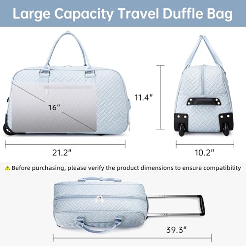 Image of Duffle Bag for Travel, Weekender Bag with Shoe Compartment, Carry On Overnight Bag for Women Gym Bag, Blue--rolling version